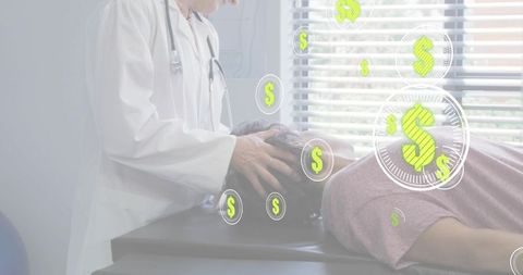 Doctor examining patient neck with floating dollar signs representing healthcare costs