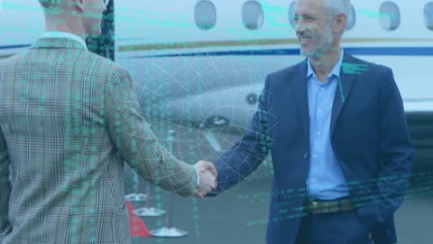 Businessmen Shaking Hands in Front of Private Jet with Digital Overlay