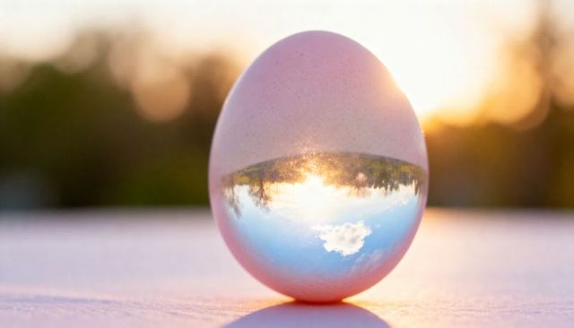 Reflective egg orb showing inverted sunset sky and treeline glossy minimal surreal rim light