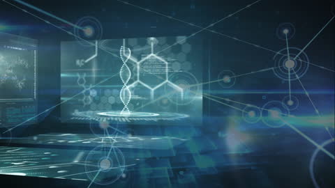 Futuristic Digital Interface with DNA Helix and Networks