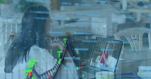 Businesswoman Engaging in Virtual Meeting with Financial Data Overlay