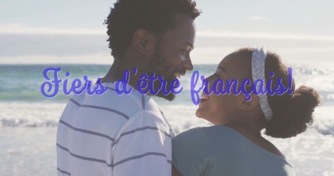 Happy Couple on Beach with Inspirational Text 'Proud to Be French'