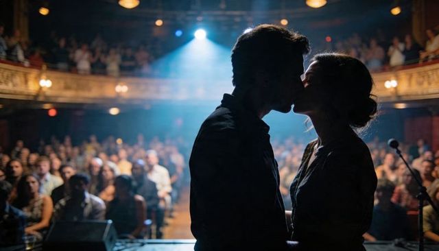 Kissing silhouetted couple standing on stage under theatrical spotlight with audience haze