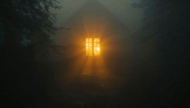 Mystical forest cabin with illuminating window