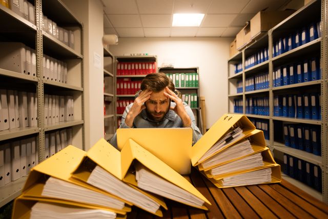 Businessman sitting at a table in a file storage room, looking stressed while working on a laptop. Surrounded by stacks of yellow folders and shelves filled with binders. Ideal for illustrating workplace stress, administrative tasks, data management, and office organization challenges.