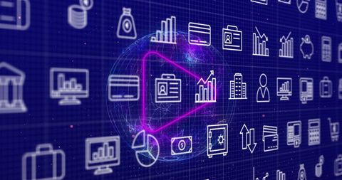digital interface with business icons overlay on world map - Download Free Stock Images Pikwizard.com