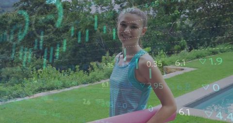 Active woman holding exercise mat by outdoor pool with graph overlay