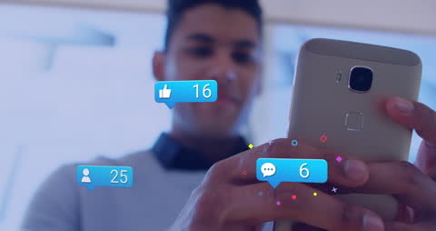 Social Media Engagement Icons Over Young Man Using Smartphone