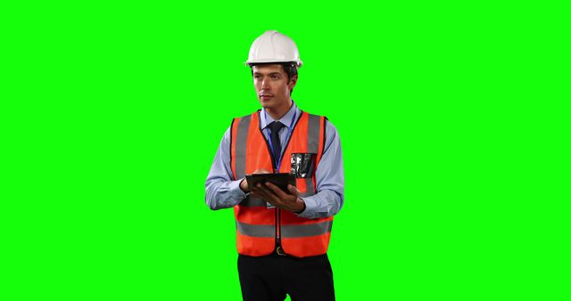 Male construction engineer wearing a hard hat and safety vest uses a tablet against a green screen background. Ideal for technology in construction, engineering design, site management, digital planning, or safety training. Versatile for promotional materials, presentations, or advertisements.