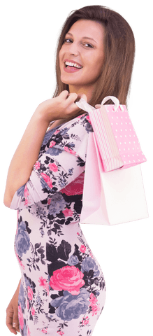Smiling brunette woman holding pink paper shopping bags on transparent background