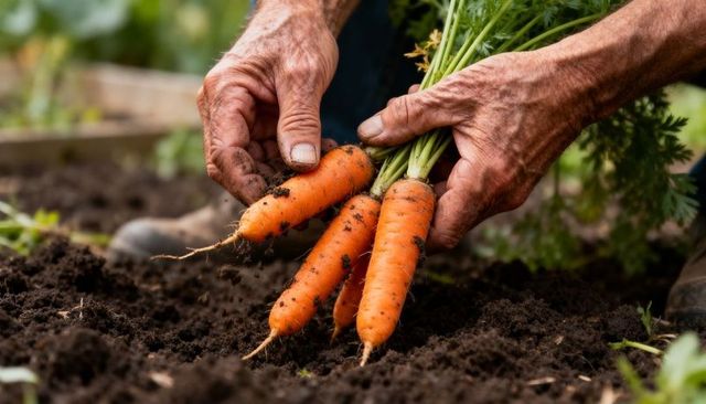 Hands Harvesting Fresh Carrots from Garden Bed, Closeup Rustic Organic Vegetable Harvest