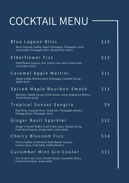 Sophisticated cocktail menu featuring classic drink options and their prices on a navy background with white text. Ideal for use in bars, restaurants, cafes, or events requiring a stylish touch to the beverage list.