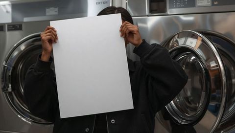 Woman holding blank poster in industrial laundromat with metallic washers