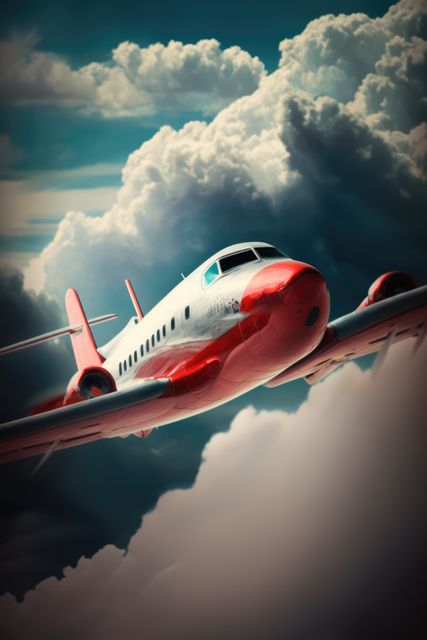 Red and white airplane soaring through a dramatic cloudscape. The dramatic sky and puffy clouds create an awe-inspiring scene. Ideal for use in travel, aviation, and transportation-related promotions, or in materials emphasizing adventure and exploration. Perfect background for travel agency websites, flight-related advertisements, and educational content about aviation.