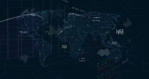 Futuristic world map dashboard with data visualization overlay