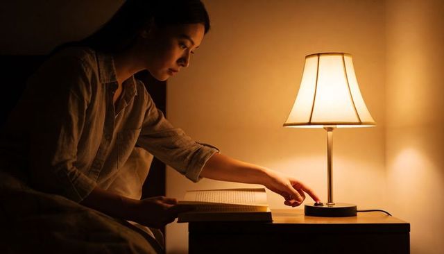 Woman in pajamas reaching to turn off lamp while reading in cozy bedroom at night