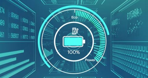 Futuristic Data Processing Interface with Digital Battery Display