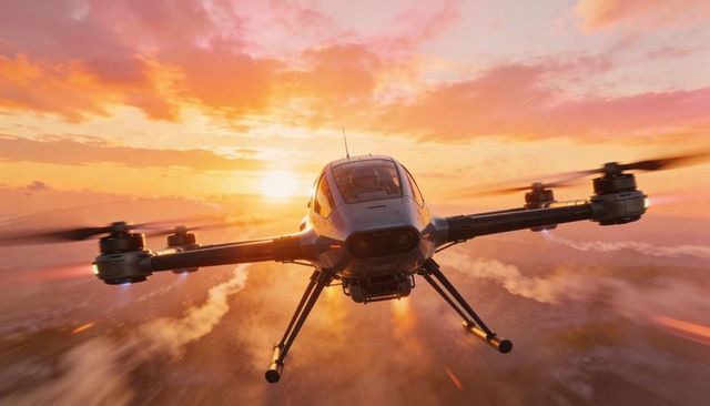 Gliding futuristic eVTOL aircraft cutting through golden sunset clouds with spinning rotors