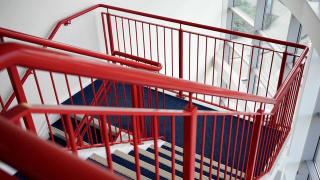 Blue and White Wooden Stairs With Red Metal Handrails - Download Free Stock Photos Pikwizard.com