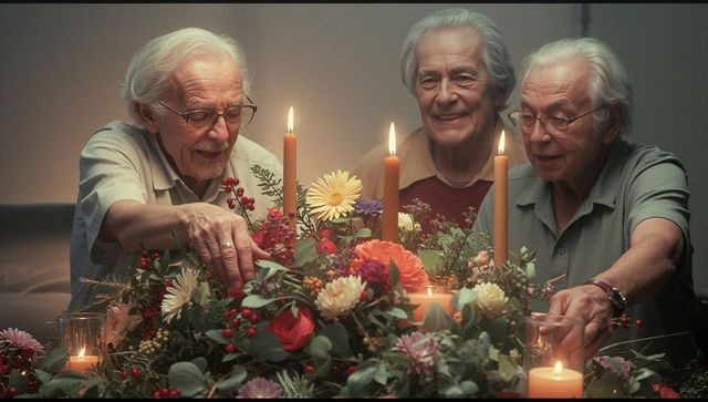 Seniors Enjoying Floral Candles at Cozy Home Gathering