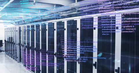 Modern Data Center Corridor with Server Racks and Code Overlay