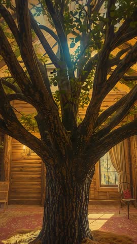 Vertical cabin tree interior: Camera tilting upward from mossy rug into sunlit branches