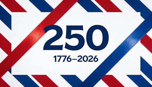 Quincentennial 250th anniversary 1776–2026 bold navy numerals red blue ribbon graphic