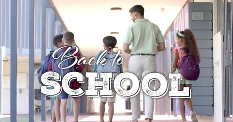 Back to school crew: teacher walking with elementary students in bright hallway