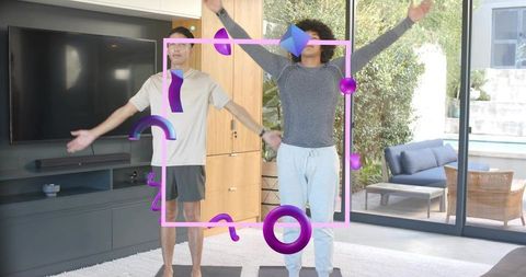 Two men doing ar-assisted stretching workout in modern living room home gym