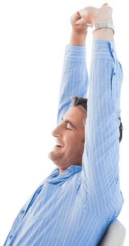 Smiling businessman stretching with transparent background