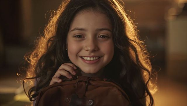 Backlit smiling girl holding leather backpack warm golden glow portrait cozy home lifestyle
