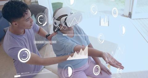 Caregiver guiding senior wearing virtual reality headset in sunlit room with AR overlays