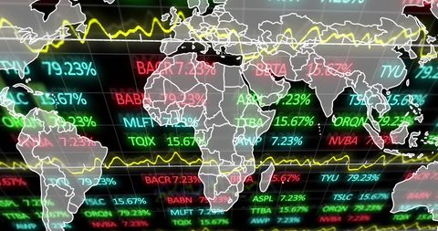 Digital financial global stock market data with world map overlay
