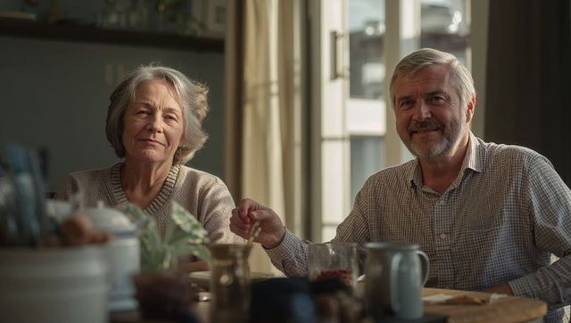 Sunlit senior couple enjoying cozy breakfast in warm kitchen — smiling grandparents