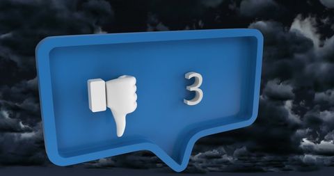 Digital thumbs down icon amid stormy clouds background