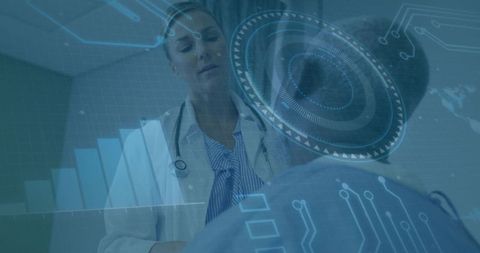 Doctor Analyzing Healthcare Analytics with Holographic Dashboard