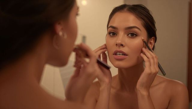 Young woman applying eyeliner at vanity mirror, holding brush, wearing towel, soft glow