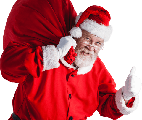Jolly Santa Claus with Bag Giving Thumbs Up on Transparent Background