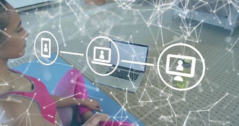 Woman Practicing Yoga at Home with Digital Connection Overlay