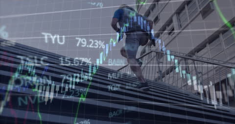 Man Running with Financial Data Overlay Represents Growth and Progress