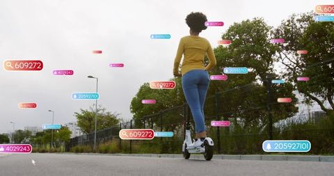 Woman riding electric scooter on suburban path with augmented reality tags and overlays