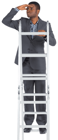 African American Businessman Standing on Ladder With A Transparent Background