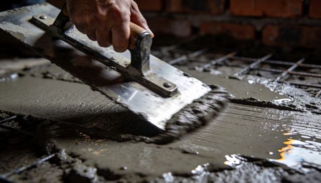 Construction worker smoothing wet concrete with steel float over rebar mesh for floor slab