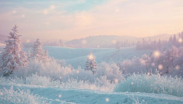 Pastel winter dawn over frosted pines and snow-blanketed valley with sparkling snowfall