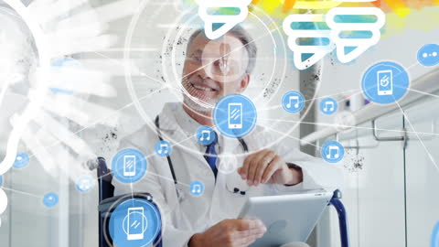Smiling Doctor Interacting with Digital Medical Data
