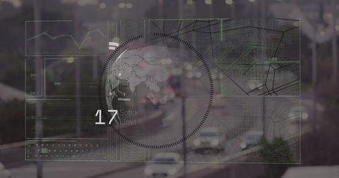 Digital globe with data overlays on blurred cityscape background