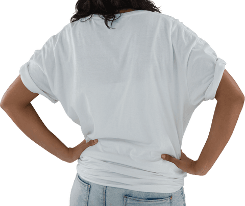 Woman in white t-shirt with rolled sleeves embracing casual style