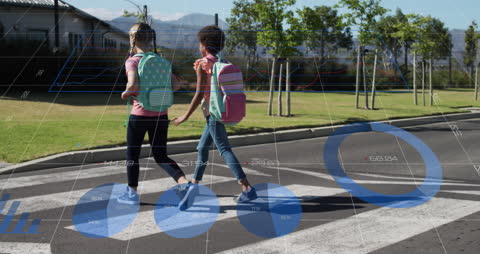 Children Crossing Road Overlaid with Digital Data Graphics