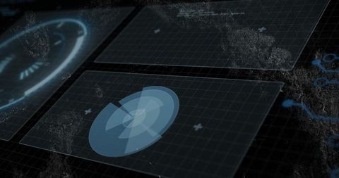 Rotating blue hud radar on tilted grid panels with pulsing cybernetic target display