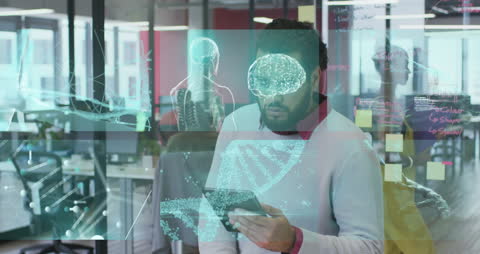 Man Analyzing Digital Biometric Data in Modern Office